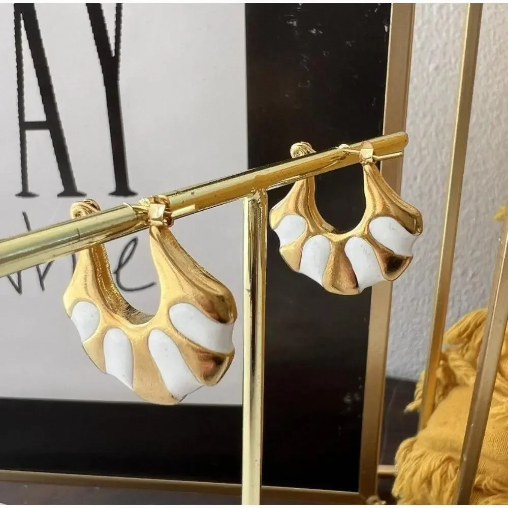 Gold Plated Stunning Egyptian Style Hoop Earrings White Enamel & Gold